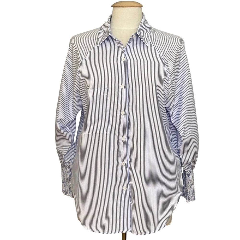 ASVIVID Womens Button Up Shirt S White Blue Stripe Smocked Tunic Classic Preppy‎